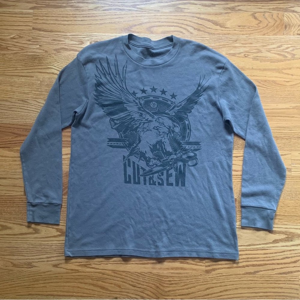 Marc Ecko Cut And Sew 5 Star Eagle Scissors Gray Long Sleeve Thermal Shirt Sz XL